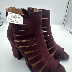 Brash Women’s Cutout Block Heel Booties Size 6 Burgundy Suede Peep Toe Zip Ankle